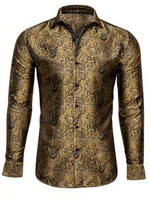 Mens Shirt Long Sleeve Gold Floral Paisley Shirts Regular Fit Button Tops Wedding Formal Casual Office Suit Coats - Vàng - Xem 5