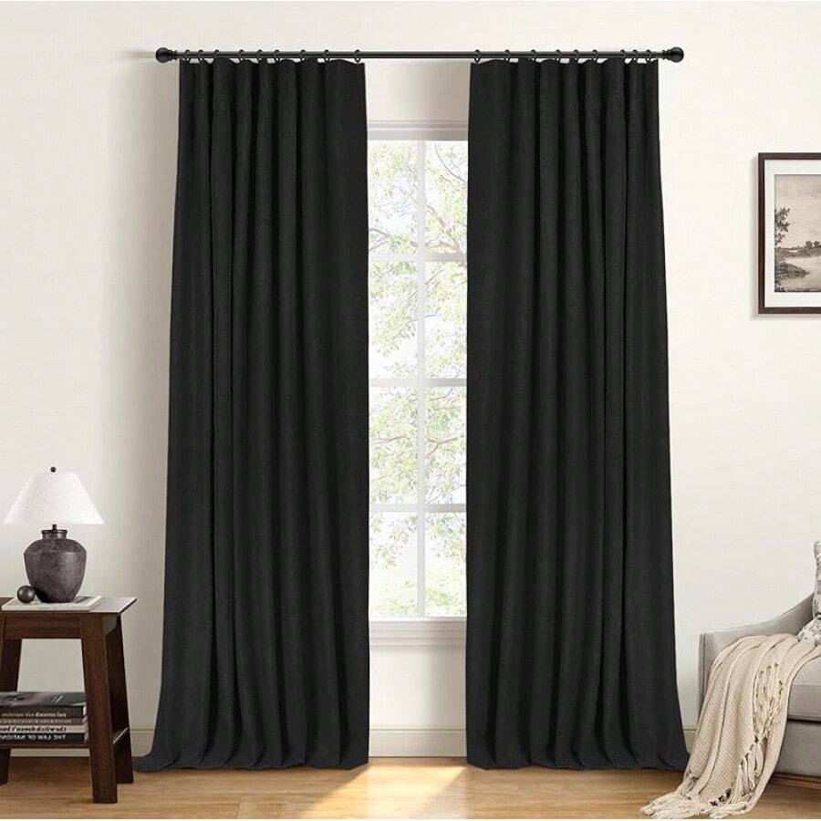 % Blackout Curtains Bedroom, 84 Inch Long Blackout Curtains, Clip Rings Linen Drapes, Thermal Insulated Room Darkening Living Room, 2 Panels - Beige, W50xL84, Bedroom Decor - Black - View 1