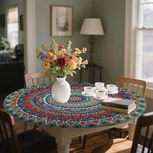 1/36 piezas Mantel redondo de 48 in/54 in con estampado digital de patrón retro y contraste bohemio, mantel elástico para protección, resistente a arañazos, adecuado para uso diario, interior/exterior, decoración del hogar, idea de regalo, camping, viaje