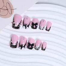 Halloween Press On Nails - Short Square French Fake Nails Spider Web Bat False Nails With Rhinestone Charms Designs Acrylic Nails 3D Black Bow Stick On Nails French Tip Glue On Nails For Women 24Pcs,17114398 - 卡其色 - 查看 5