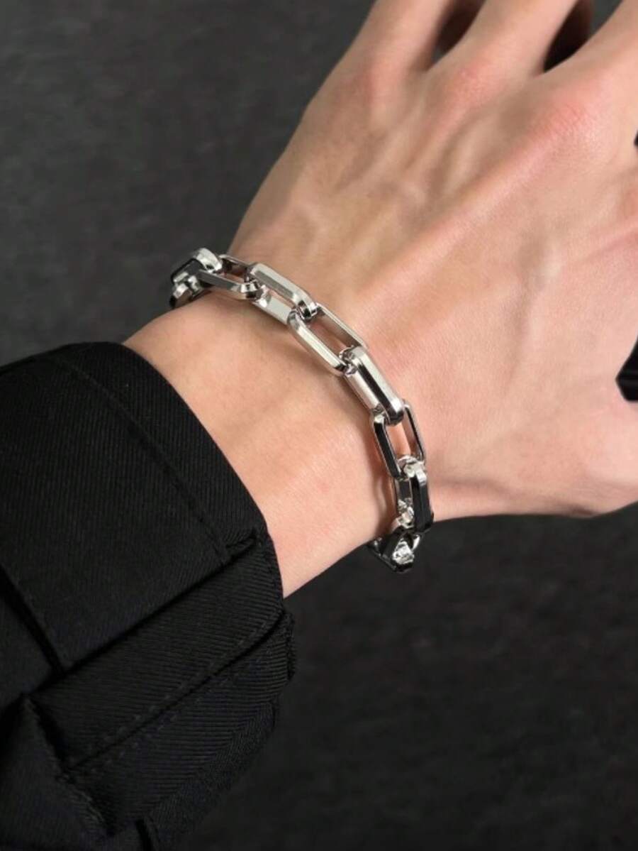 1 Piece Of Fashionable Titanium Steel Hollow Men's Chain Bracelet, Suitable For Music Festival Concerts, Daily Hip-Hop Street Cuban Bracelet - 銀色 - 查看 1
