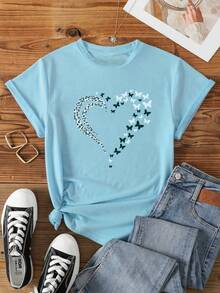 Playera camiseta básica mujer dama cuello redondo manga corta estampado corazón con mariposas parte superior elástica de poliéster primavera/verano uso diario material no transparente - Azul - Ver 1