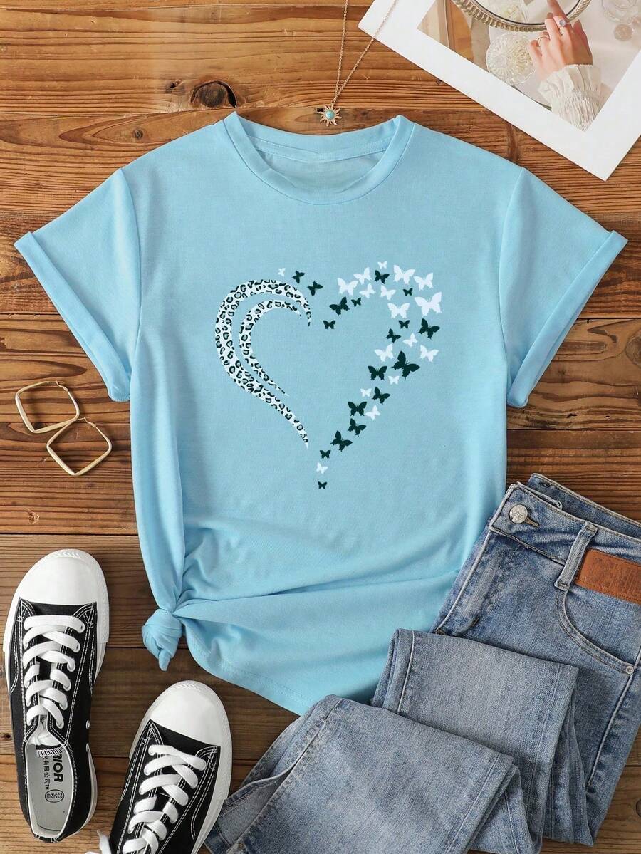 Playera camiseta básica mujer dama cuello redondo manga corta estampado corazón con mariposas parte superior elástica de poliéster primavera/verano uso diario material no transparente - Azul - Ver 1