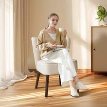 Sillón decorativo de terciopelo con respaldo orejero, estilo moderno de mediados de siglo con patas de madera, cómodo sofá individual para sala, cocina, comedor y dormitorio - Beis - Ver 7