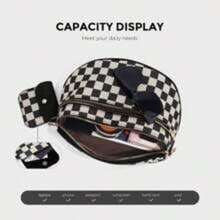 Checkerboard Print 2 - In - 1 Crossbody Bag, 2 - Tone Adjustable Crossbody Waist Pack With Detachable Pouch,Nylon Bum Bags For Women Crossbody,Spacious Sling Bag Purse Fanny Packs With Shoulder Stra, Checkered Design For Women's Casual Wear & Travel Essentials - Black - View 5
