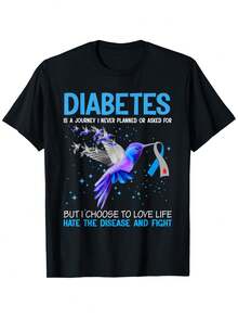 Diabetes Is A Journey I Never Planned Diabetes Awareness T-Shirtfashionable Personality Printed T-Shirt Spring And Summer Casual Short-Sleeved Shirt Fashionable Round Neck Men Black Cotton T-Shirt Suitable For Spring And Summer T-Shirt Men Size S-3XL - 黑色 - 查看 1