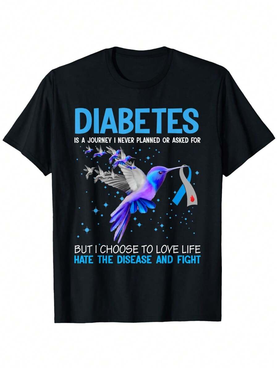 Diabetes Is A Journey I Never Planned Diabetes Awareness T-Shirtfashionable Personality Printed T-Shirt Spring And Summer Casual Short-Sleeved Shirt Fashionable Round Neck Men Black Cotton T-Shirt Suitable For Spring And Summer T-Shirt Men Size S-3XL - 黑色 - 查看 1