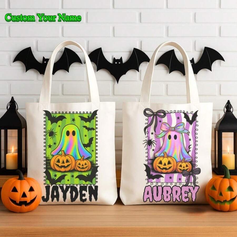 1PC Custom Name Halloween Trick Or Treat Bag, Halloween Candy Sack, Personalized Halloween Bag W/Name, Halloween Canvas Tote For Boy/Girl/Women/Teacher/Nurse - 樣式-4 - 查看 1