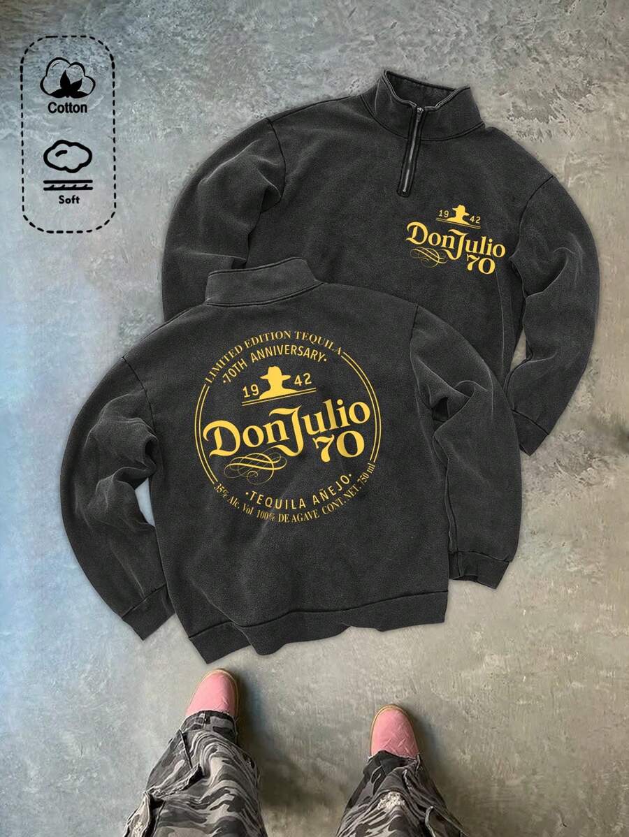 男士可爱返校季印花秋冬水洗“赏金猎人”半拉链长袖卫衣 - 黑色 - 查看 1