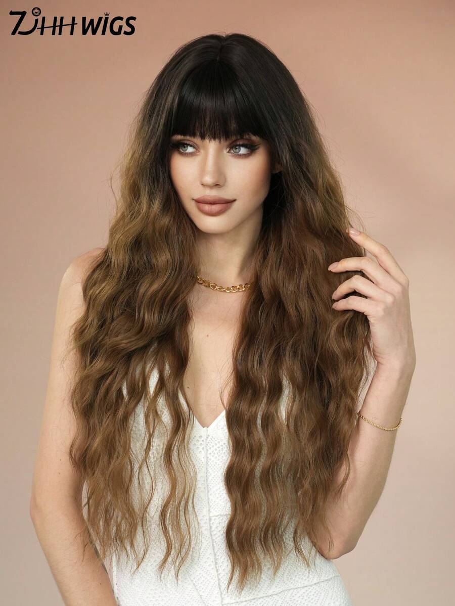 7JHH WIGS Olive Brown Ombre Wig Loose Extra Long Wavy Wigs For Women, Synthetic Wave Curly Wig With Bangs Dark Roots Hairline, Silky Soft Heat Resistant Fiber Hair For Daily Wear, Music Festivals Celebrations Party Use 30 Inch - 鏽棕色 - 查看 1