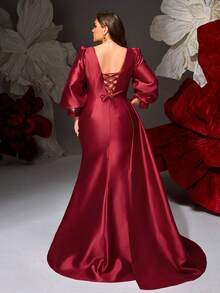 VIPGIRL Plus Size Wine Red Sequin Long Sleeve V-Neck High Slit Evening Gown, Heavy Beaded Formal Maxi Dress For Curvy Women, Slimming Banquet Dress, Luxury Couture Party Gown