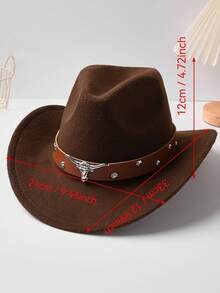 1pc Unisex Polyester Western Cowboy Hat, A Retro-Style Hat Suitable For Both Men And Women, With A Brown Belt And Bull Head Chain, Perfect For Casual Wear And Western Cowboy Parties - Brown Leather Bull Head Round Rivet Hat - View 2