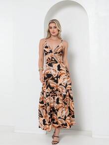 Vestido com elastano atras , da pra amarra atras com estampa - Castanho - Visão 1