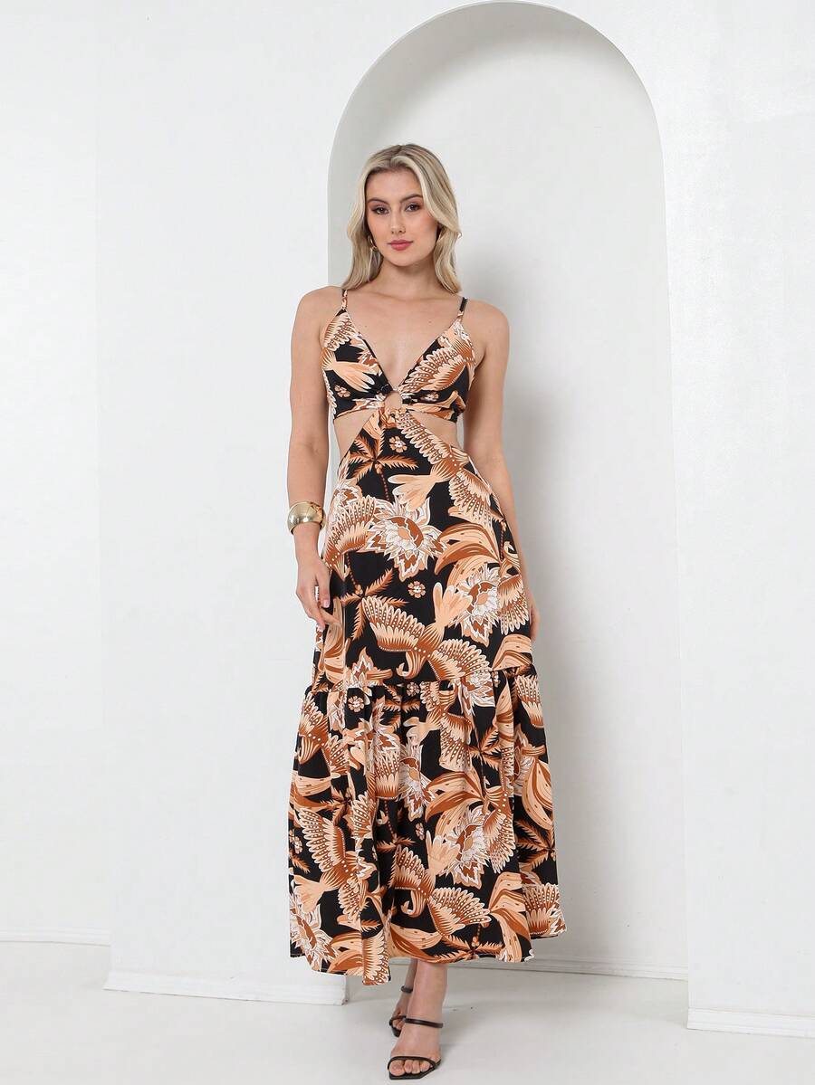 Vestido com elastano atras , da pra amarra atras com estampa - Castanho - Visão 1