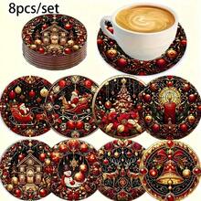 Set de 6 suporturi rotunde pentru pahare și suporturi pentru pahare de Crăciun, cel mai bine vândut, antiderapante și rezistente la căldură, cu eșarfă, om de zăpadă, Moș Crăciun, ren, brad de Crăciun, lumânare, felinar, pahare pentru pahare din lemn, decor de sărbători pentru casă, cadouri pentru petreceri de sărbători, opțiuni multiple