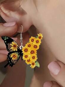 1 Pair Bohemian Style Elegant 2D Acrylic Sunflower & Butterfly Earrings With Iris Flower Hooks - Vibrant Yellow Sunflower And Orange Butterfly Design, Suitable For Daily Wear, Mother's Day Gift, Birthday, Holidays - Unique Gift Idea, Holiday Jewelry | Exquisite Craftsmanship - Multicolor - View 3