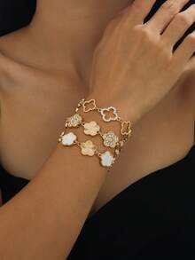 Set de 3 piezas de pulsera con dije de trébol de cuatro hojas hueco con strass de lujo para mujeres - Multicolor - Ver 3