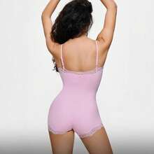 Lace Bodysuit Set – Spaghetti Strap V-Cut And Shorts Style, Soft Stretch Fabric, Pink & Black - 平克B - 查看 3