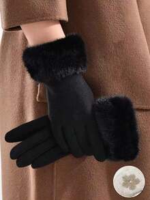 1 par de guantes de dedo completo de unicolor, elegantes y casuales, de poliéster con pantalla táctil, con forro cálido, de moda para mujer, para otoño/invierno
