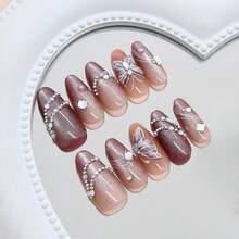 White Butterfly Press On Nails Medium Almond Fake Nails Pink White Gradient False Nails With Glitter Design Nails 3D Shiny Rhinestone Pearl Stick On Nails Irregular Lines Acrylic Nails For Women 30Pcs,17114399 - 珊瑚粉 - 查看 5