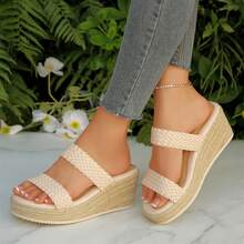 Womens High Heel Open Toe Wedge Sandals Slip On Comfortable Espadrilles Braided Straps Dressy Summer - 米色 - 查看 3