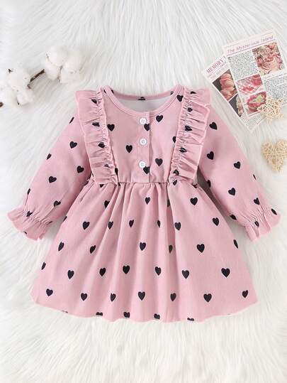 Adorable Baby Girl Dress! Autumn Infant/Toddler Girl Pink Heart Dress, Corduroy Fabric With Ruffle Hem + Button Design, Sweet & Cute, Suitable For Daily Wear/Party/Gift