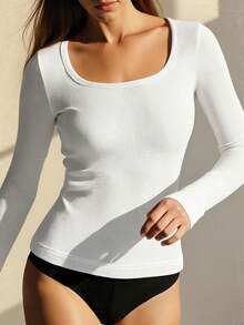 2pcs Basic Casual Minimalist Solid Color Long Sleeve T-Shirt, Ribbed Crew Neck Undershirt, Black & White