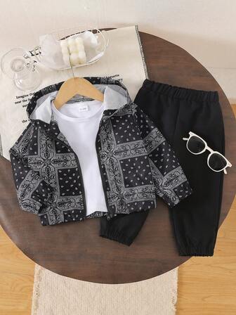 2 st/set pojkar casual paisley- och cashewnötsblommig huva med dragkedja och jacka, set med byxor, vår/höst