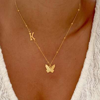 1 pieza Nuevo collar de cadena de cuentas de acero inoxidable dorado con colgante de mariposa inicial de moda para mujer