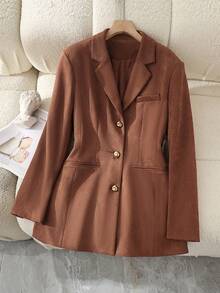 女式仿麂皮腰带西装外套，单排扣，带口袋，秋冬 - 卡其色 - 查看 3