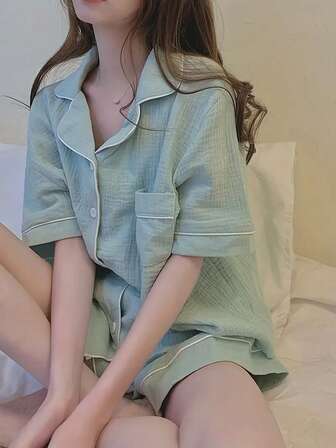 2pcs Women's Mint Green Loose Fit Short Pajama Set For Loungewear, Two Pieces Set