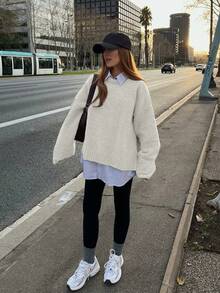 Senya Women's Autumn And Winter Apricot Crew Neck Long Sleeve Lightweight Knitted Wool Sweater, Side Slit Straight Sleeve Design Sweater Top, Daily Commuter Versatile Knitted Pullover