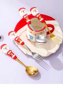 1 set de vaisselle pour fête de Noël, set de cuillère et fourchette en acier inoxydable avec personnages de Noël, 4 pièces de cuillère et fourchette à fruits en acier inoxydable créatives