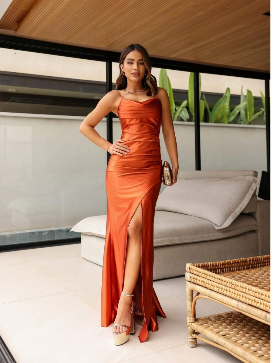 Strapless Dress For Parties, Formal Events, Dinner, Cocktail, Wedding Guest - 紅陶 - 查看 1