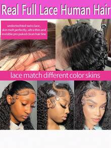 Curly Glueless 13x4 HD Lace Wigs Human Hair Lace Frontal Wigs Deep Wave 13x4 Transparent Full Lace Frontal Wig Brazilian Remy Water Wave Human Hair Wigs For Women - Natural Black - 查看 6