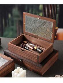 صندوق تخزين خشبي بني كلاسيكي للمكتب، صندوق تخزين المجوهرات، خزانة عرض كلاسيكية، صينية تخزين المستحضرات التجميلية والمجوهرات مع درج، صندوق تخزين متنوع على الطراز الشمالي للمكتب، يستخدم لتخزين المجوهرات والقلادات ومستحضرات التجميل والنقود المعدنية والدفتر (سطح القطع الزجاجي غير ثابت)