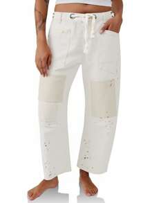 Womens Wide Leg Barrel Jeans Patchwork Baggy Denim Pants Low Rise Horseshoe Jeans With Pockets Casual Outdoor Pants - 白色 - 查看 2