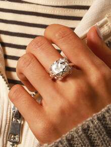 GAGAFEEL 1 件 S925 纯银轻奢个性巴洛克仿珍珠戒指女性方形开口戒指珠宝可调节开口戒指适合日常佩戴女士珠宝配饰送给女孩/女士/女友/母亲的礼物精美珠宝 - 銀色 - 查看 8