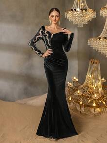 Faeriesty Robe de soirée pour femme avec encolure en forme de cœur et manches à sequins - ourlet évasé en queue de poisson, robe de cérémonie pour galas, tapis rouges, bals de bienfaisance de luxe, dîners en tenue de soirée et soirées à l'Opéra Métropolitain - Noir - Voir 3