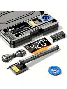 مُلحم رقمي USB مع شاشة LCD، زر ضبط درجة الحرارة، سلك ملحم، حامل ملحم، ماصّ قصدير، روزين، صندوق تخزين
