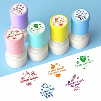 5pcs Colorful French Classroom Grading Teacher Stamps, Round Teacher Self-Inking Stamp, Red Flower Classroom Correction Rubber Stamp, For Homework Tests To Motivate Student Behavior (Reward Supplies)