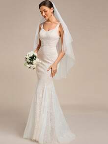 Vestido de novia de sirena de encaje con bordado vintage romántico sin mangas para bodas de jardín y césped en otoño - Blanco - Ver 7