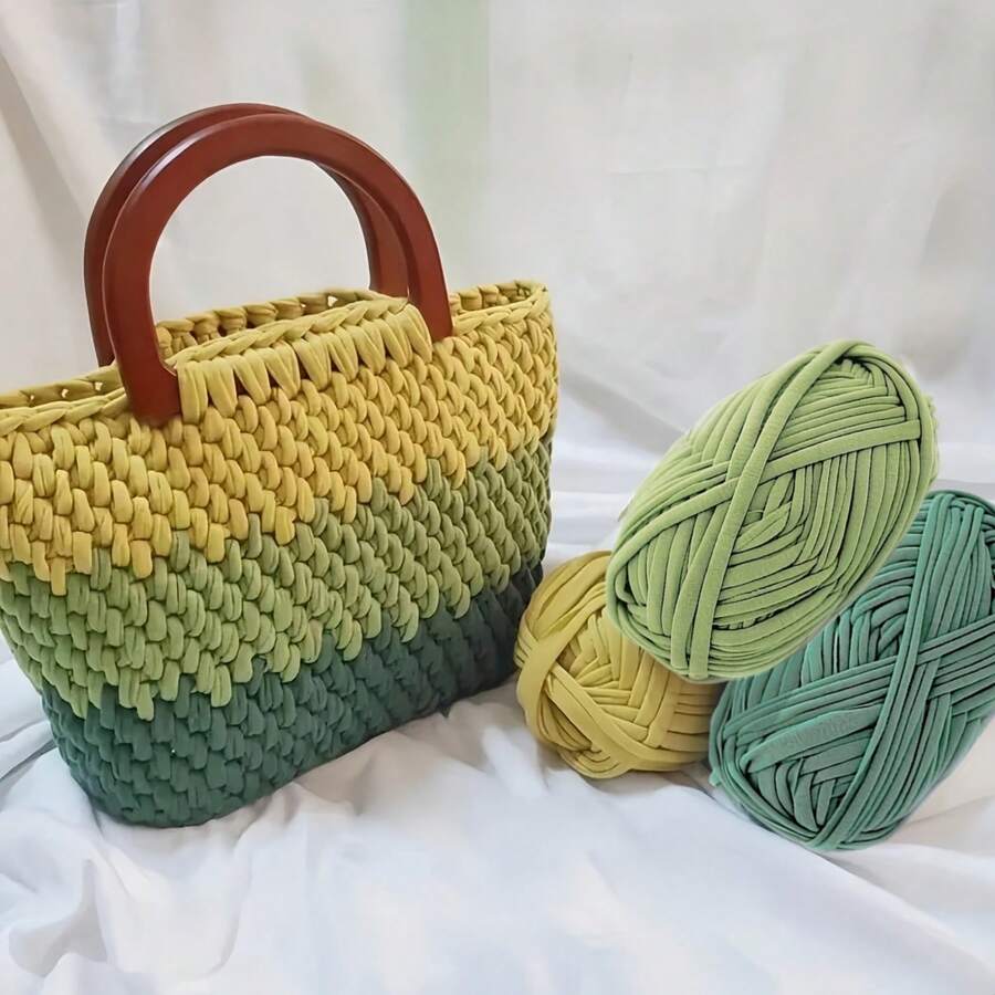 Sợi len áo thun 100% Polyester 300G/90M, Sợi len móc áo thun vải co giãn, Sợi len dệt tay dày, Dùng để móc túi/giỏ/thảm, Trang trí nhà cửa, Đồ thủ công tự làm bằng tay (Túi thành phẩm cần tự móc)
