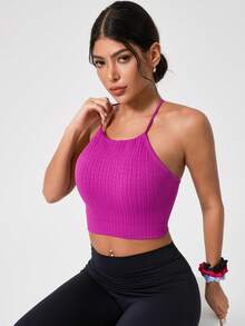 Leorrey 1pc Women's Comfortable Fitted Fashionable Solid Color Crew Neck Sleeveless Sexy Crop Top For Outdoor Fitness Workout Running Yoga - Purple - View 9