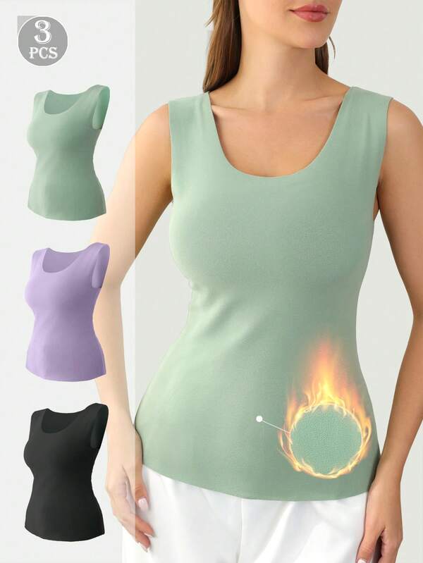 3 peças, Camiseta Térmica de Tecido Leve e Elástico de Cor Sólida para Mulheres, Colete Interno Quente de Inverno e Outono, Regata Básica Simples de Dupla Face com Escova, Camiseta Regata Protetora contra Vento e Quente
