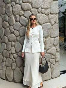 FOR BEAUTY Women's New Knit Cardigan, Suitable For Spring, Autumn And Winter, Casual Minimalist Style, Round Neck Long Sleeve With Metal Buttons, Fashionable And Elegant For Commuting, Solid White Open Cardigan - White - View 4