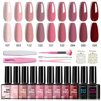  18pcs LIMEGIRL Gel Nail Polish Set, 9 Colors, Autumn/Winter Nail Art Kit, Includes Base Coat, Top Coat, Pink Orange Red Yellow Green Nail Polish, Butterfly Stickers And Manicure Tools, DIY Home Nail Care Set Nails