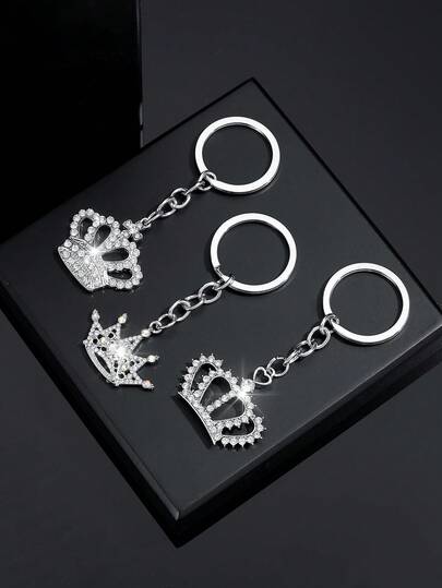 1 件时尚奢华欧美中性风格全水钻皇冠形钥匙扣吊坠，适合男女汽车钥匙、包包装饰和节日礼物