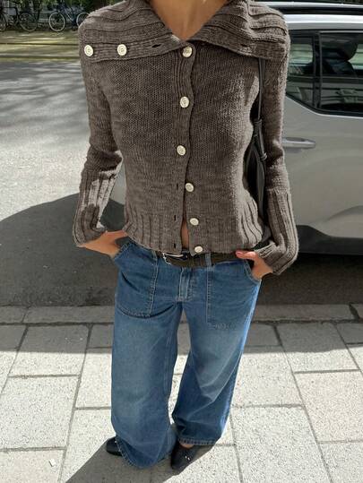 Chaqueta de punto de manga larga con botones delanteros y cuello vuelto para mujer, de estilo casual y delgado, ideal para uso diario, con diseño elegante para graduación y vuelta al colegio