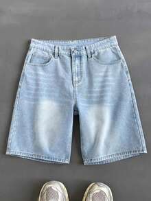 Men's Loose Casual Denim Bermuda Shorts With Pockets, Versatile Summer Denim Shorts Jorts - 藍色 - 查看 1